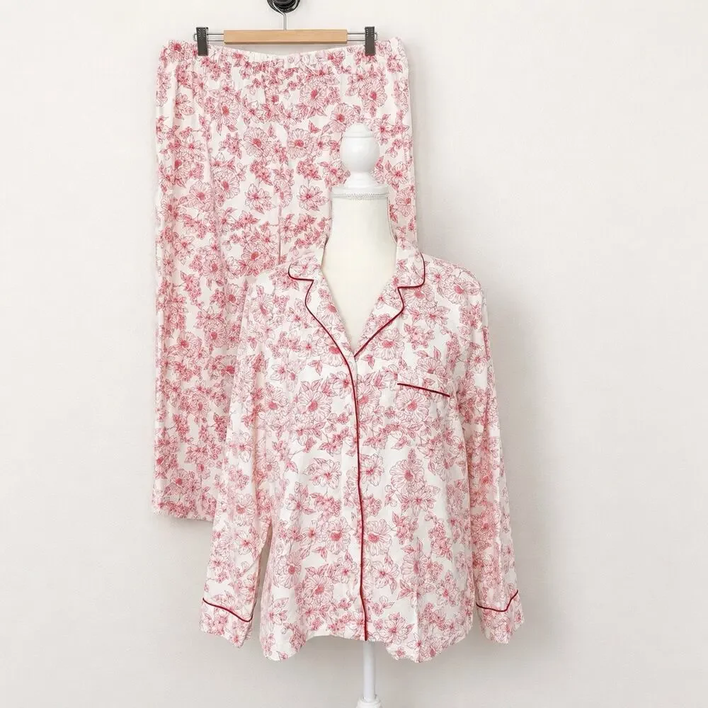 Charter Club Size XL 100% Cotton Flannel Floral Pajama Set Red White PJs Womens